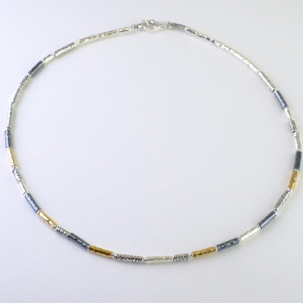 Fine Cylindrical Linked Sterling Silver and Rolled Gold Necklace by JB Designs.