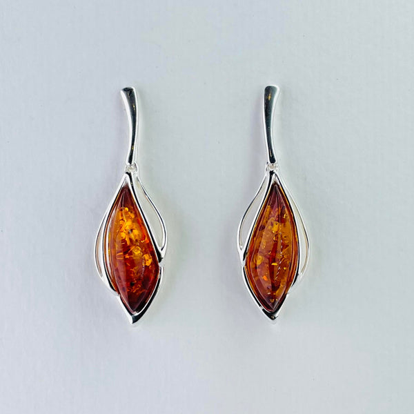 Elegant Cognac Amber and Sterling Silver Drop Earrings.