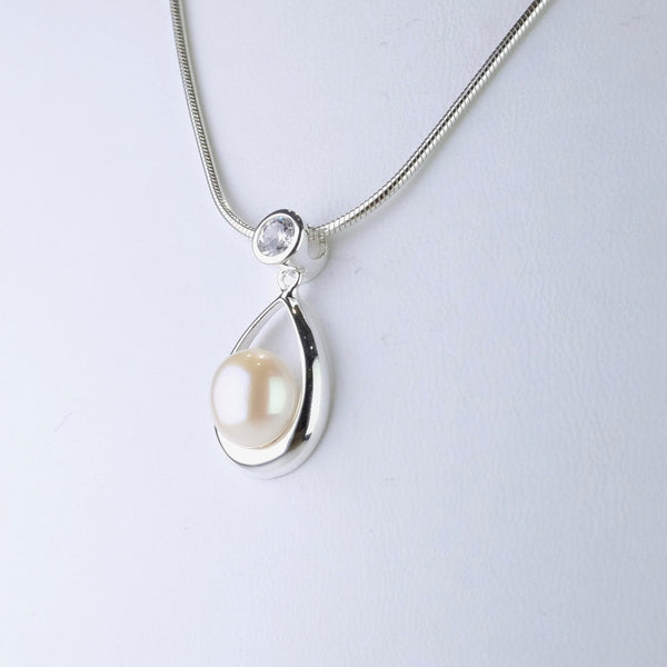 Silver, CZ and Pearl Tear Drop Pendant.