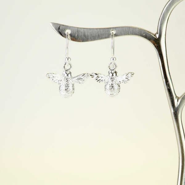 Silver Flying Bee Drop Earrings.