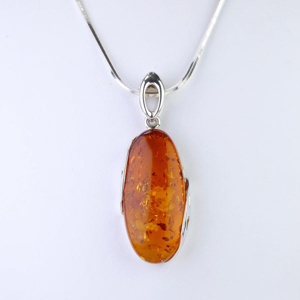 Long Oval Amber and Silver Pendant