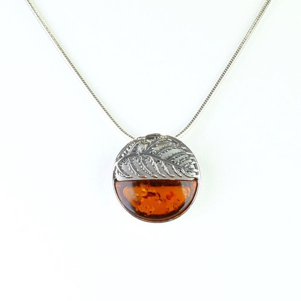 Round Fern Design Amber and Silver Pendant.