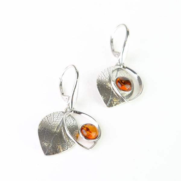 Double Silver Leaf and Amber Earrings.