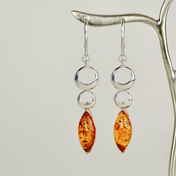 Amber and Double Ring Sterling Silver Earrings.