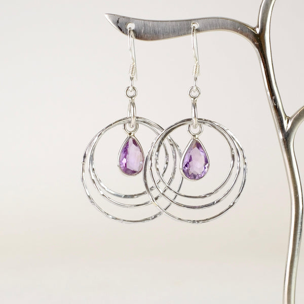 Triple Hoop Silver and Amethyst Drop Earrings.