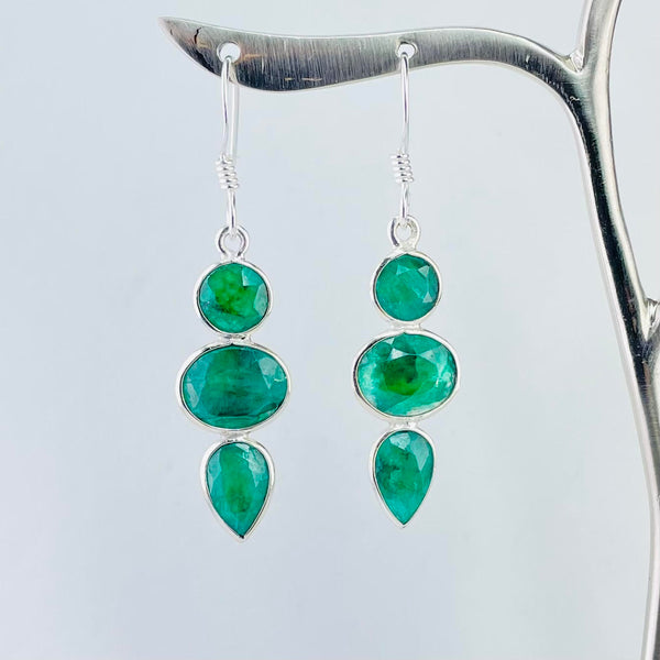 Silver and Emerald Quartz Triple Drop Earrings.