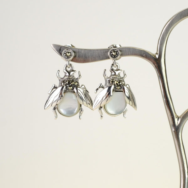 Marcasite and Mother of Pearl Bee Drop Earrings.