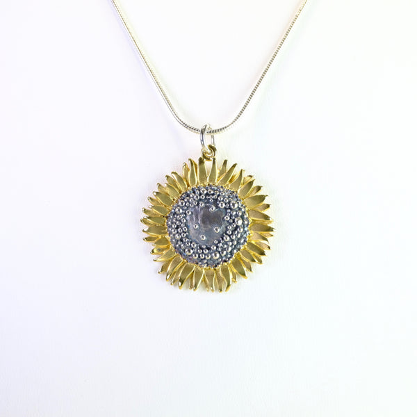 Handmade Large Silver Sunflower Pendant by Sheena McMaster.