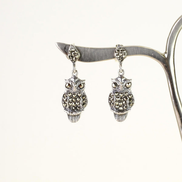 Marcasite and Silver Owl Drop Earrings.