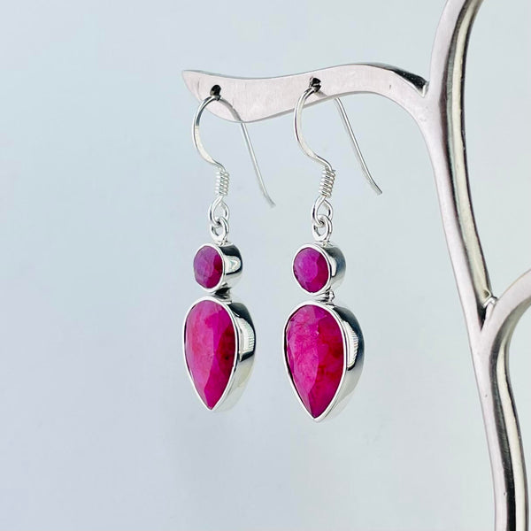 Sterling silver and Double Stone Ruby Quartz Drops Earrings.