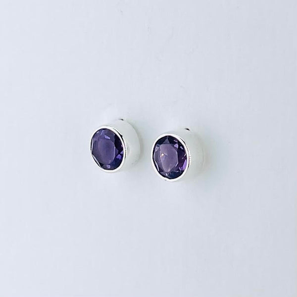 Simple Round Sterling Silver and Amethyst Stud Earrings.