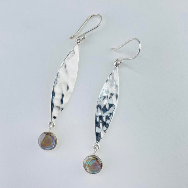 Long Hammered Silver and Abalone Drop Earrings.