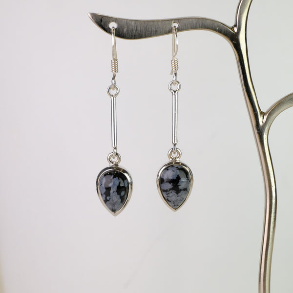 Silver and Snowflake Obsidian Drop Earrings.