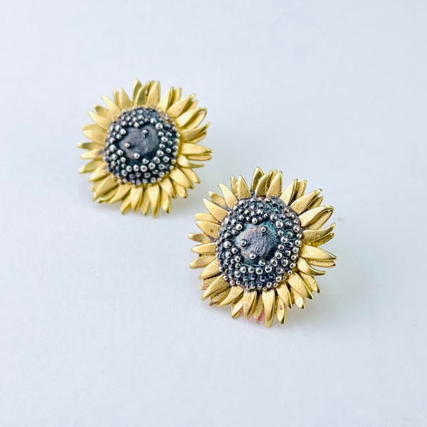 Handmade Silver and Gold Plated Sunflower Stud Earrings by Sheena McMaster.
