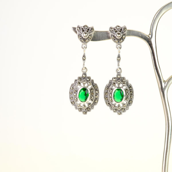 Marcasite, Emerald CZ and Silver Drop Earrings.