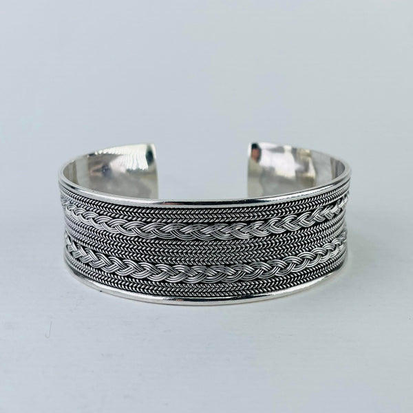 Wide Sterling Silver Torque Bangle Bracelet with Plaited Detail.