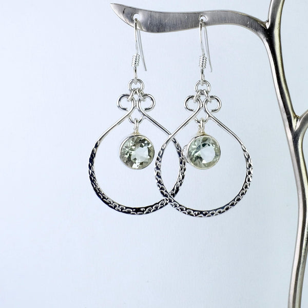 Large Sterling Silver and Green Amethyst Drop Earrings.
