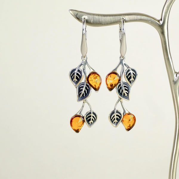 Amber and Silver Leaf Design Earrings.