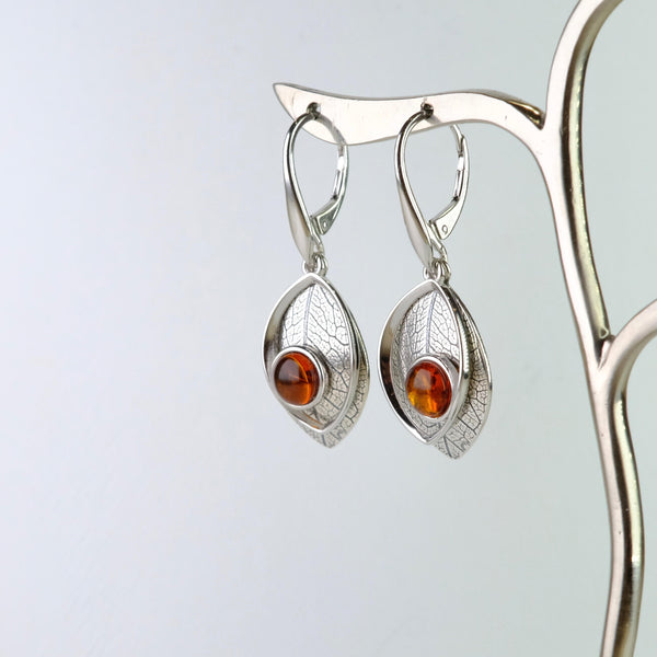 Double Silver Leaf and Amber Earrings.