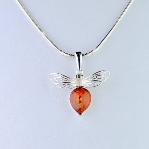 Sterling Silver and Amber Bee in Flight Design Pendant.