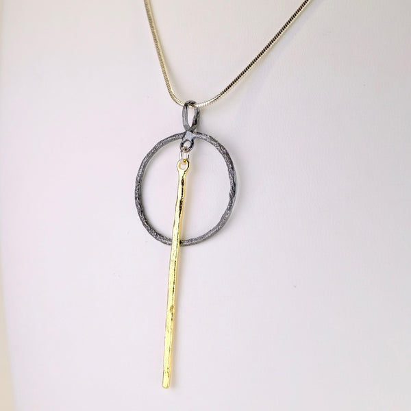 Circle and Stick Oxidized Silver and Gold Plated Pendant by JB Designs.