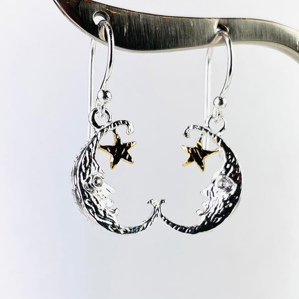 Silver and Gold Plated Man in the Moon Drop Earrings.