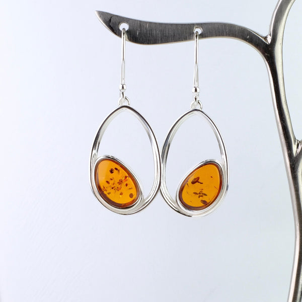 Off Set Oval Amber and Silver Earrings.