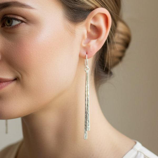 Long Sterling Silver Double Stick Dangly Earrings.
