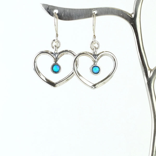Opal and Silver Heart Outline Earrings.
