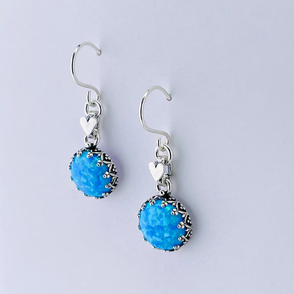 Round Opal and  Sterling Silver Drop Earrings.