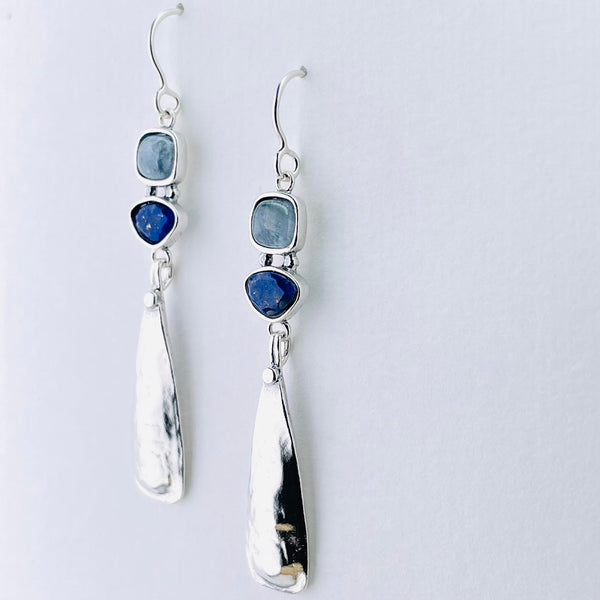 Long Slender Silver, Lapis Lazuli and Aquamarine Earrings.
