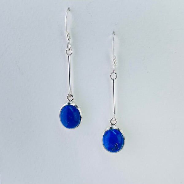 Oval Lapis Lazuli Earrings on a Long Sterling Silver Stem.