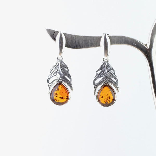 Amber and Sterling Silver Feather Drop Earrings.