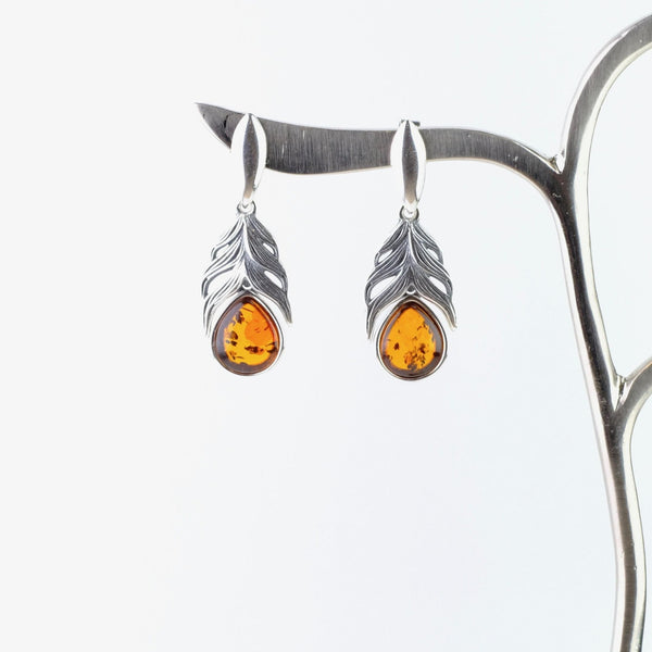 Amber and Sterling Silver Feather Drop Earrings.