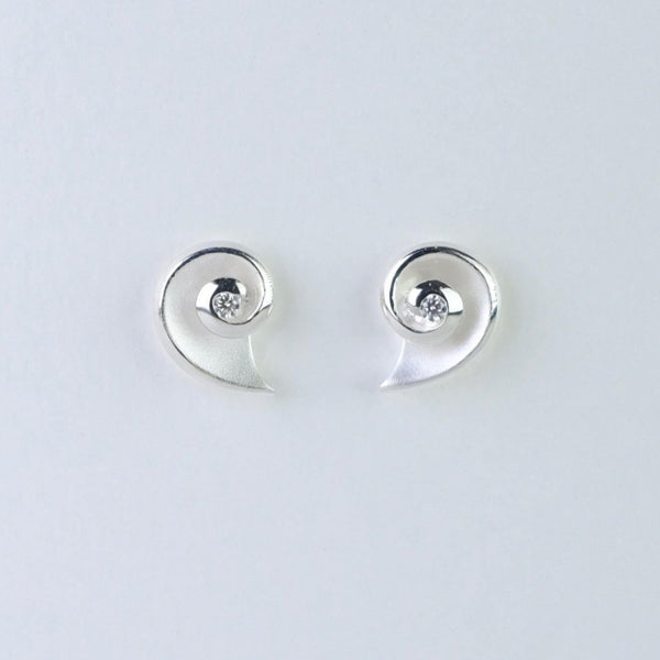 Satin Silver and Cz Shell Stud Earrings by JB Designs.