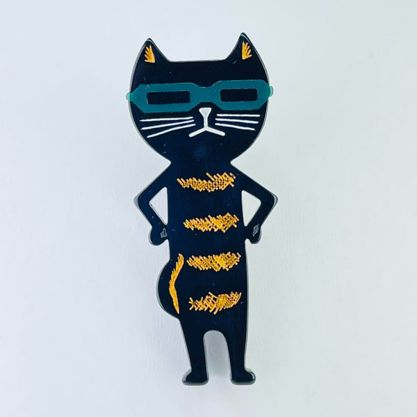 Striped Black Resin Cat Brooch.