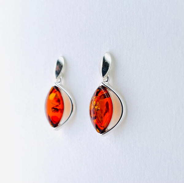 Marquise Shape Amber and Silver Drop Earrings.