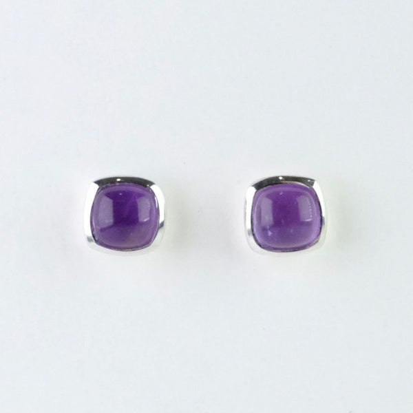 Square Silver and Cabochon Amethyst Stud Earrings.