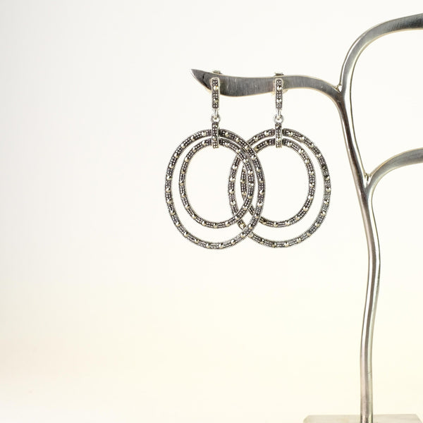 Marcasite and Silver Double Circle Drop Earrings.