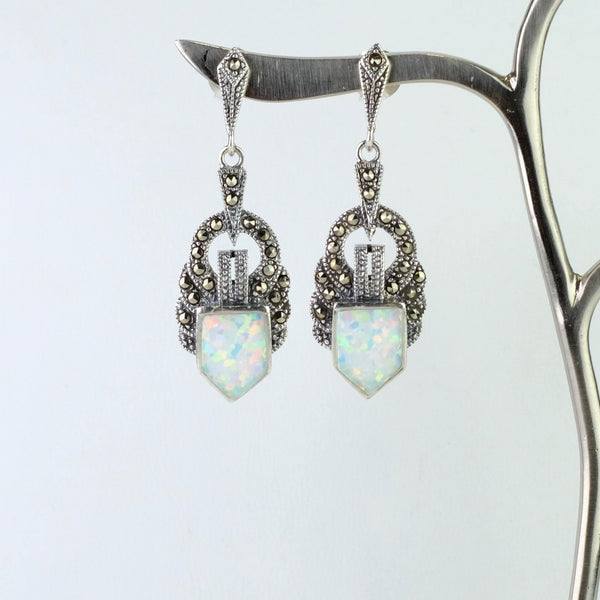 Art Deco Style Marcasite, Opal and Silver Drop Earrings.