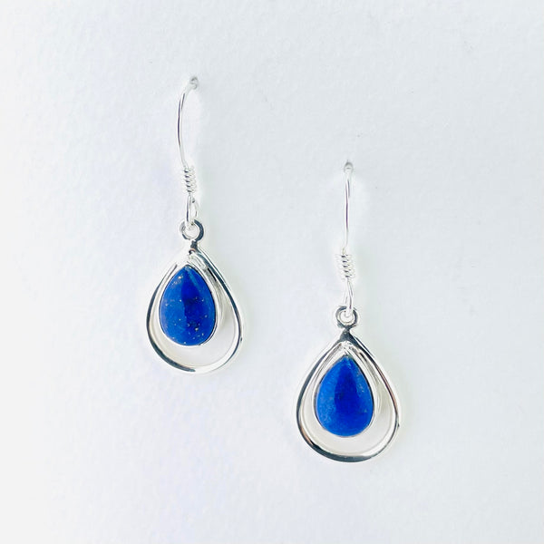 Lapis Lazuli Pear Drop in Open Silver Pear Drop Earrings.