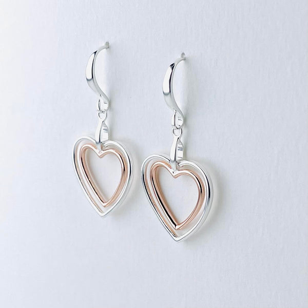 Silver and Rose Gold Plated Heart Earrings by JB Designs.