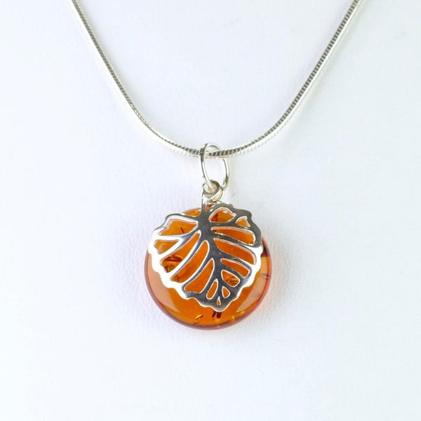 Round Amber and Silver Leaf Pendant.