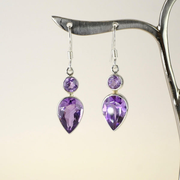 Sterling Silver and Two Stoned Amethyst Drop Earrings.