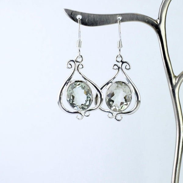 Ornate Sterling Silver and Green Amethyst Drop Earrings.