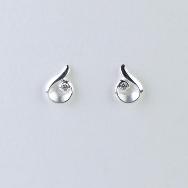 Satin Silver and Cz Semi Swirl Stud Earrings by JB Designs.