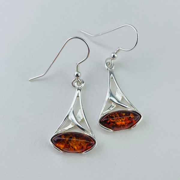 Cognac Amber and Silver Drop Earrings.