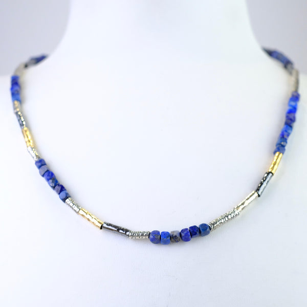 Lapis, Rolled Gold and Silver Beaded Necklace by JB Designs.