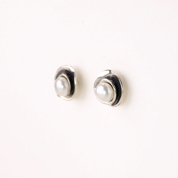 Sterling Silver and Pearl Spiral Stud Earrings.