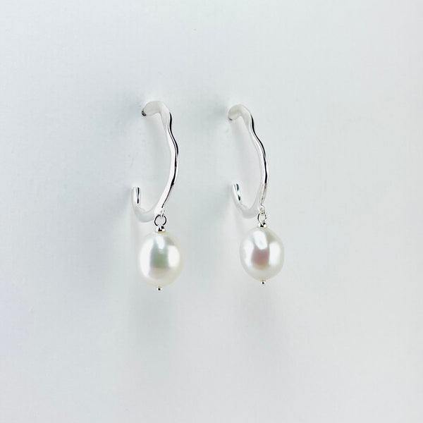 Sterling Silver and Freshwater Pearl Hoop Drop Earrings.